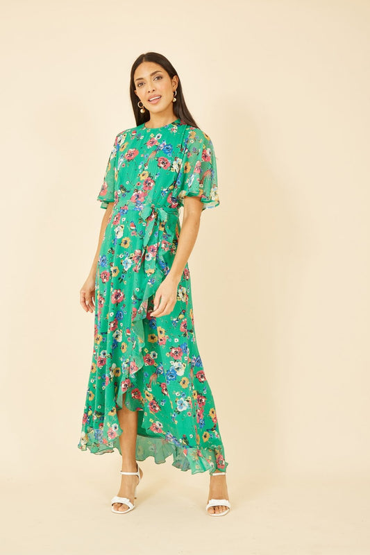 Yumi Green Floral Bird Print Midi Frill Dress Yumi