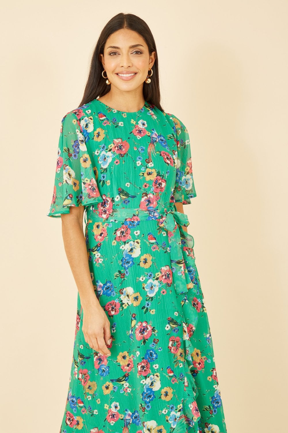 Yumi Green Floral Bird Print Midi Frill Dress Yumi