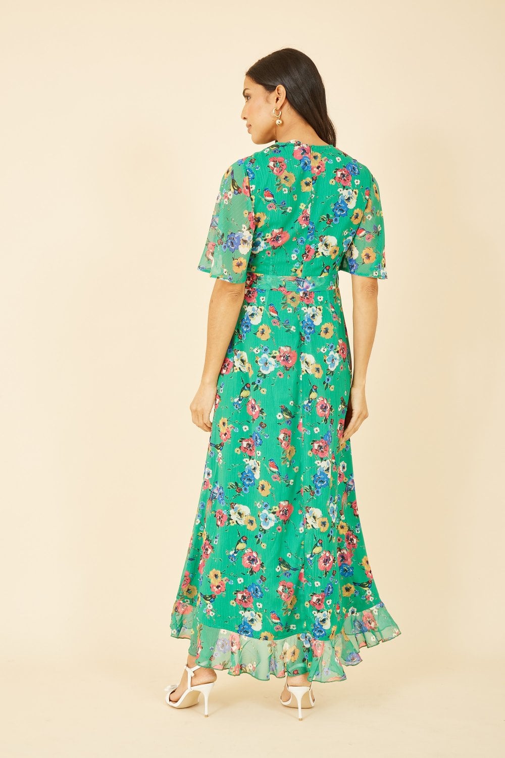 Yumi Green Floral Bird Print Midi Frill Dress Yumi