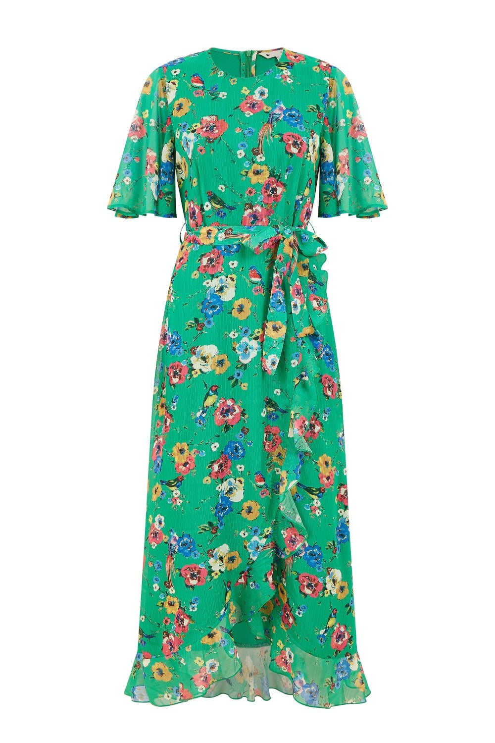 Yumi Green Floral Bird Print Midi Frill Dress Yumi