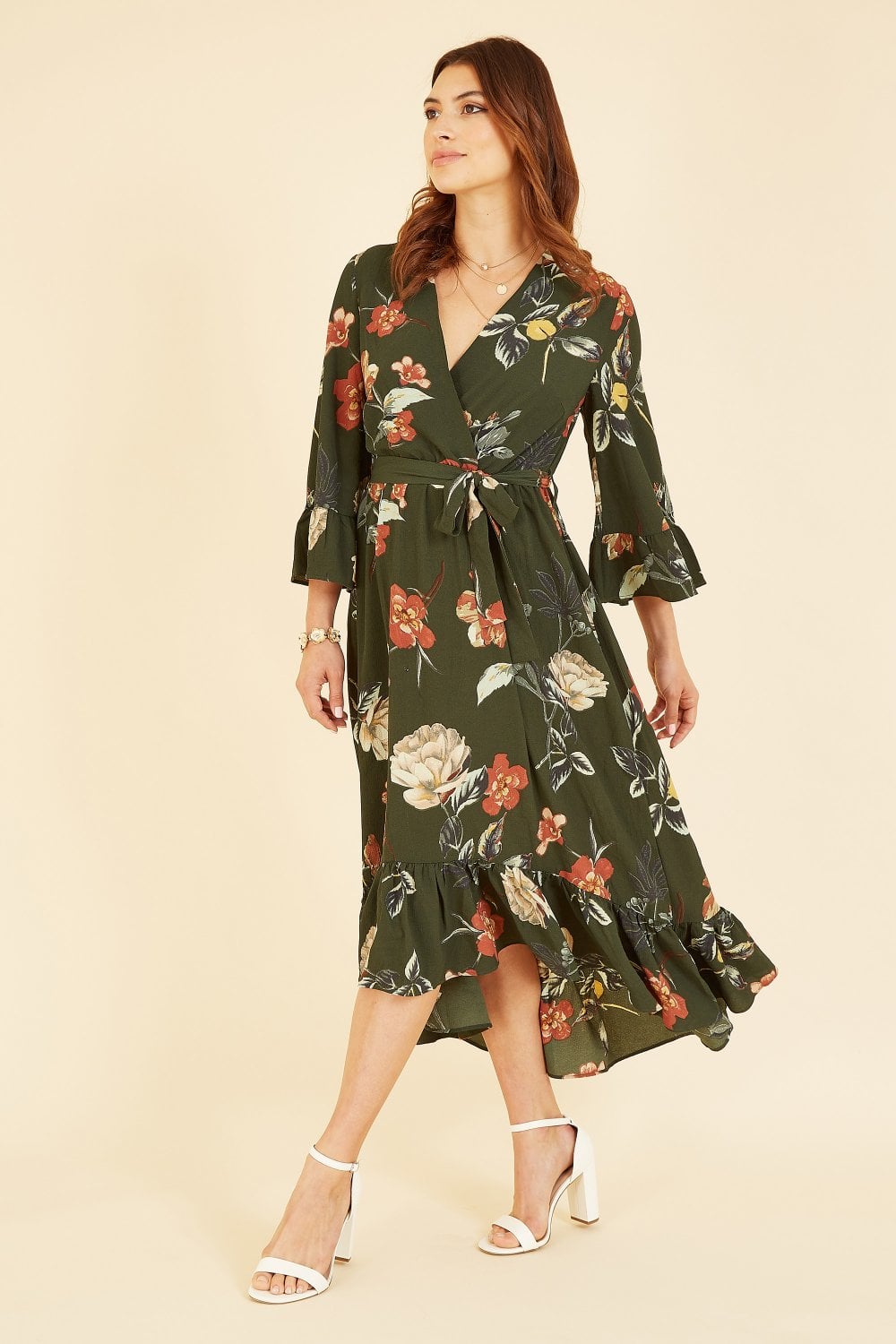 Yumi Green Floral Dip Hem Midi Dress Yumi