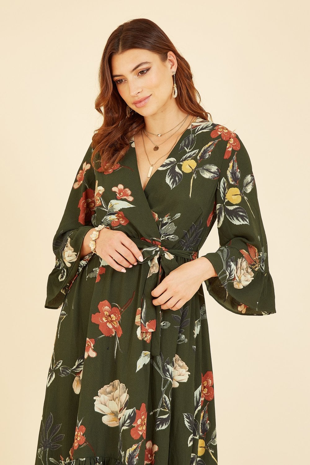 Yumi Green Floral Dip Hem Midi Dress Yumi