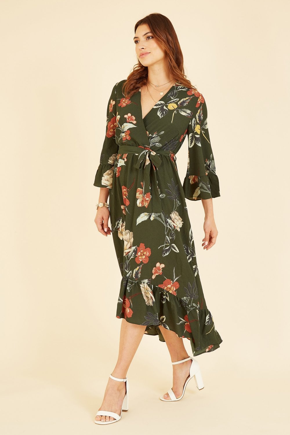 Yumi Green Floral Dip Hem Midi Dress Yumi