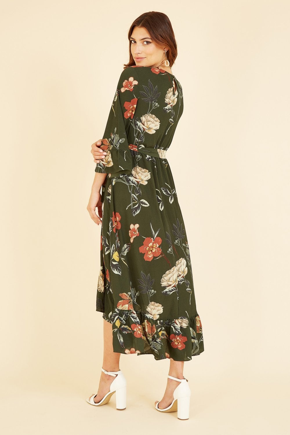 Yumi Green Floral Dip Hem Midi Dress Yumi