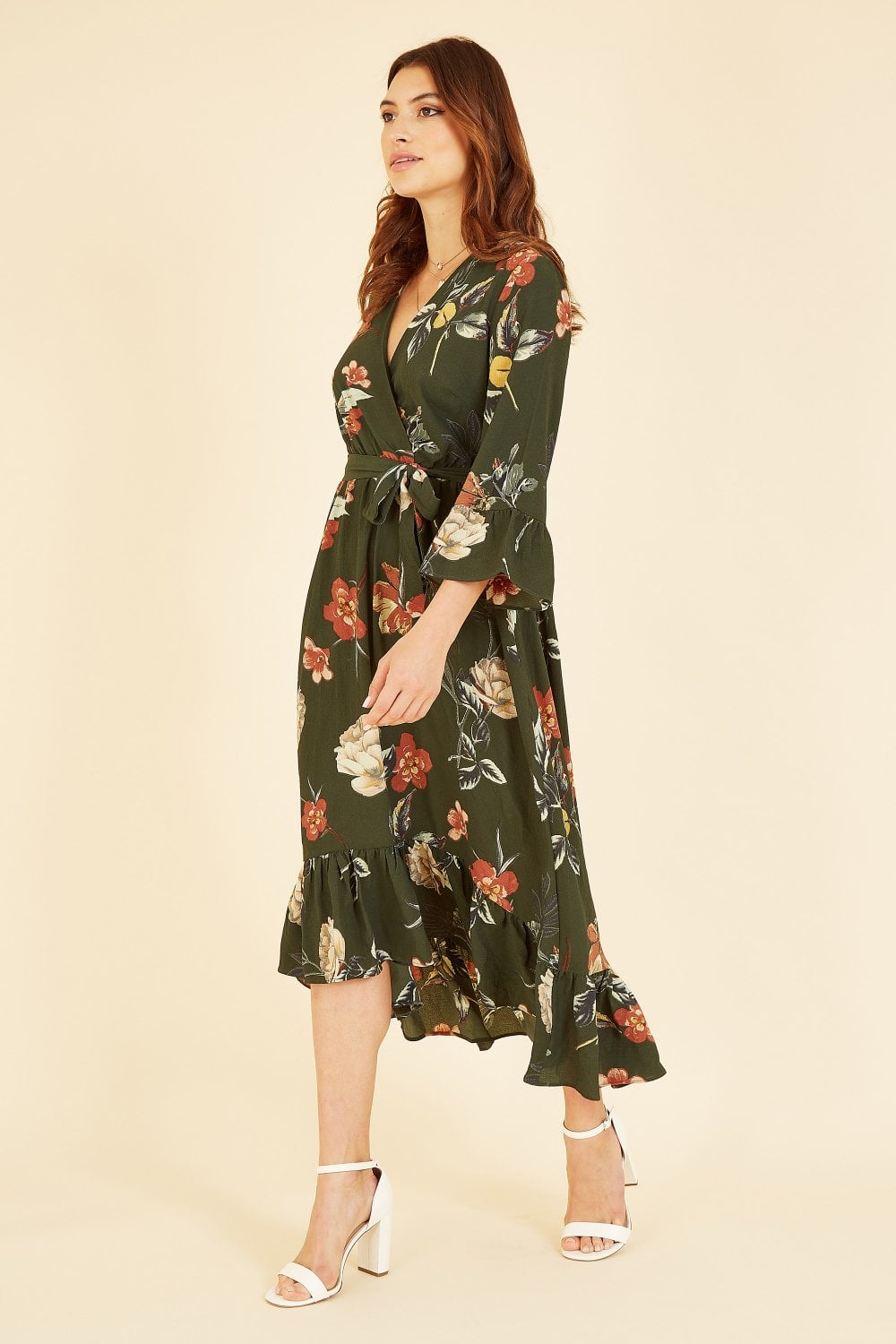 Yumi Green Floral Dip Hem Midi Dress Yumi