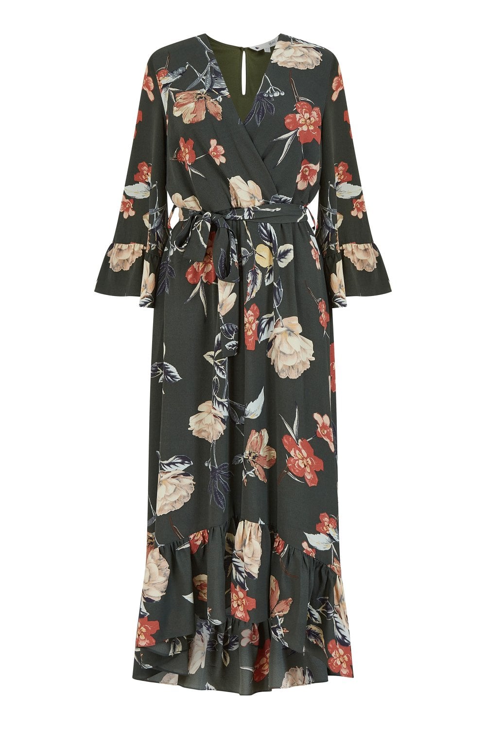 Yumi Green Floral Dip Hem Midi Dress Yumi