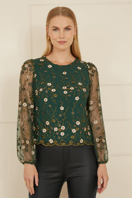 Yumi Green Floral Embroidered Long Sleeve Top Yumi