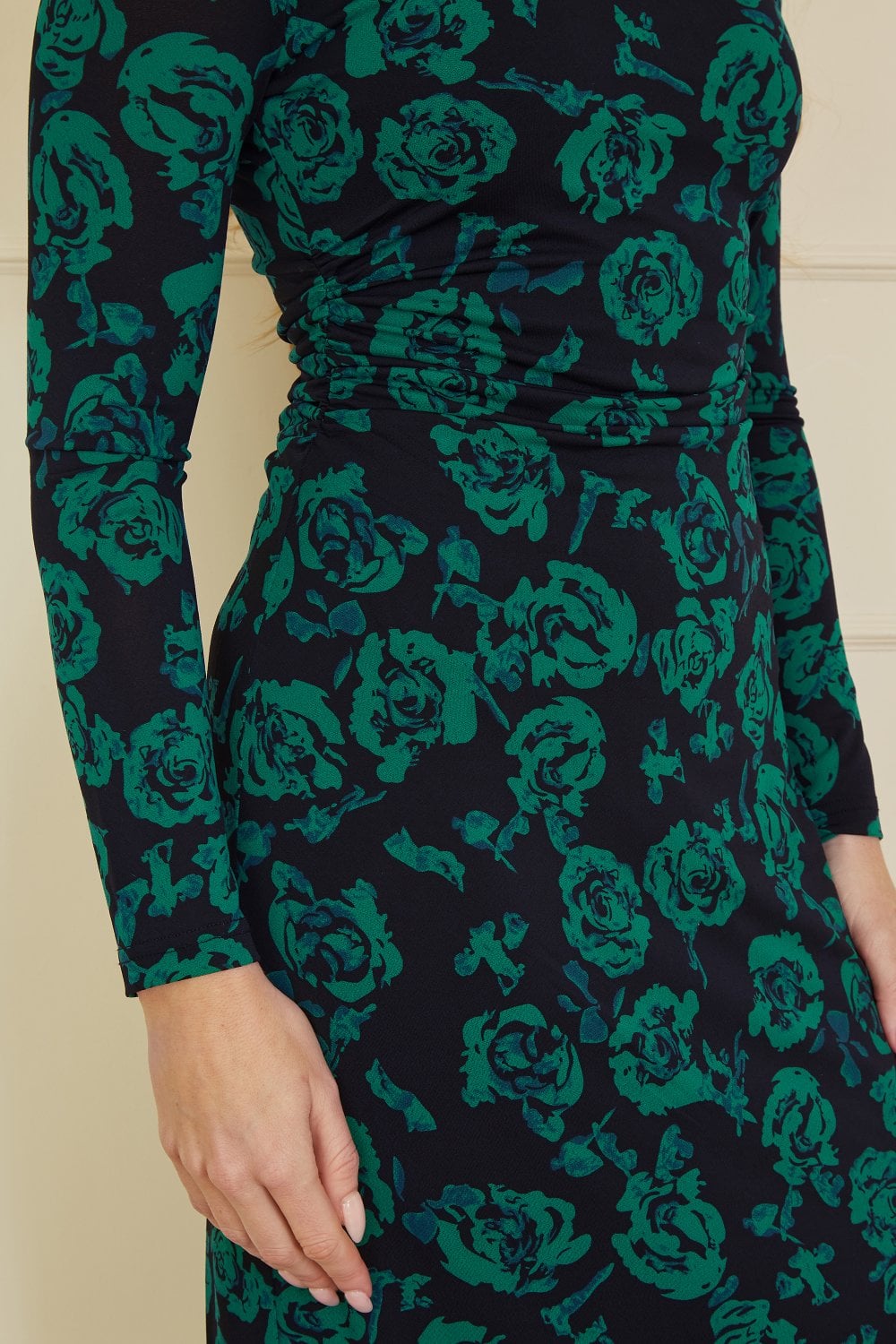 Yumi Green Floral Fitted Mesh Midi Dress With Long Sleeves Yumi