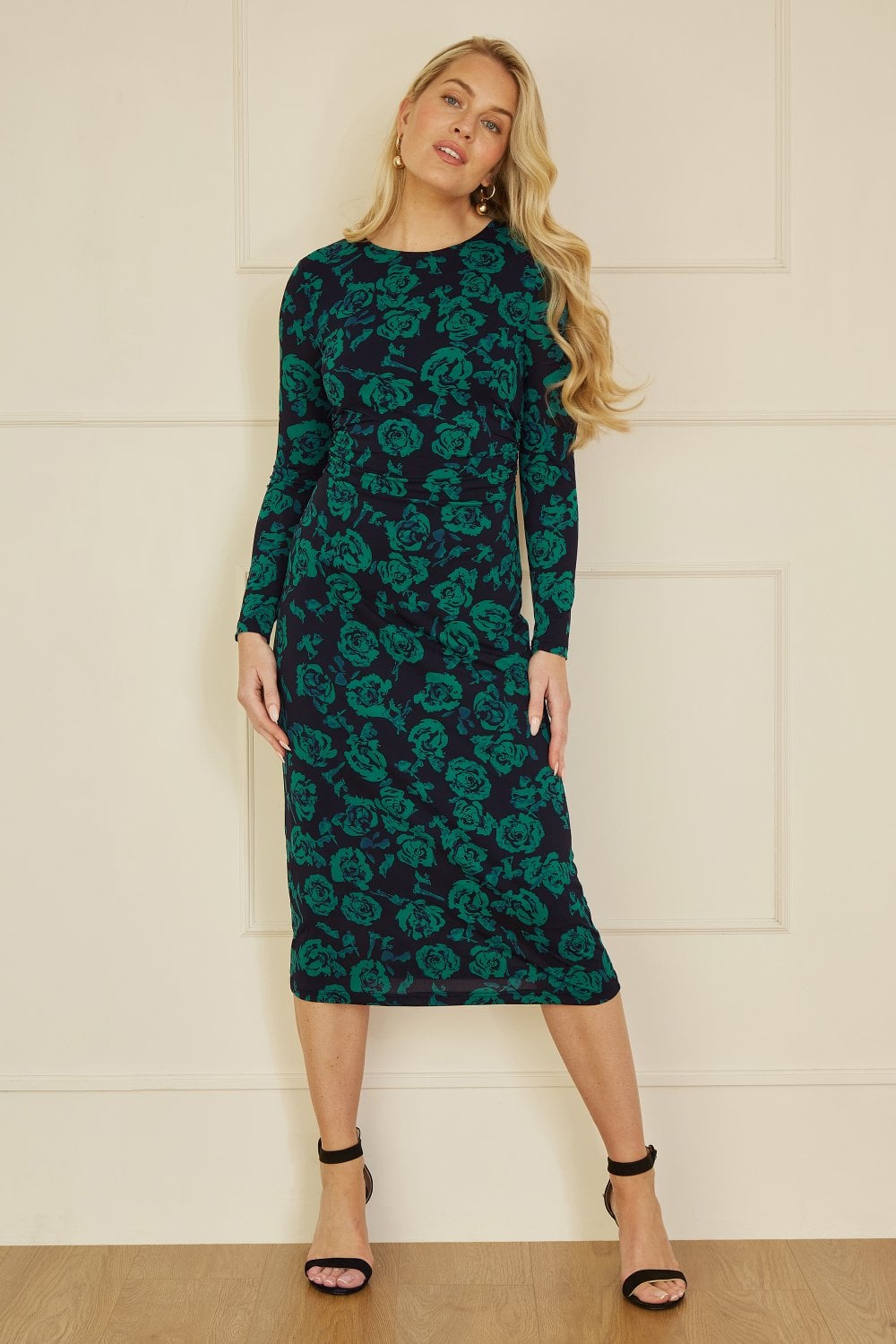 Yumi Green Floral Fitted Mesh Midi Dress With Long Sleeves Yumi