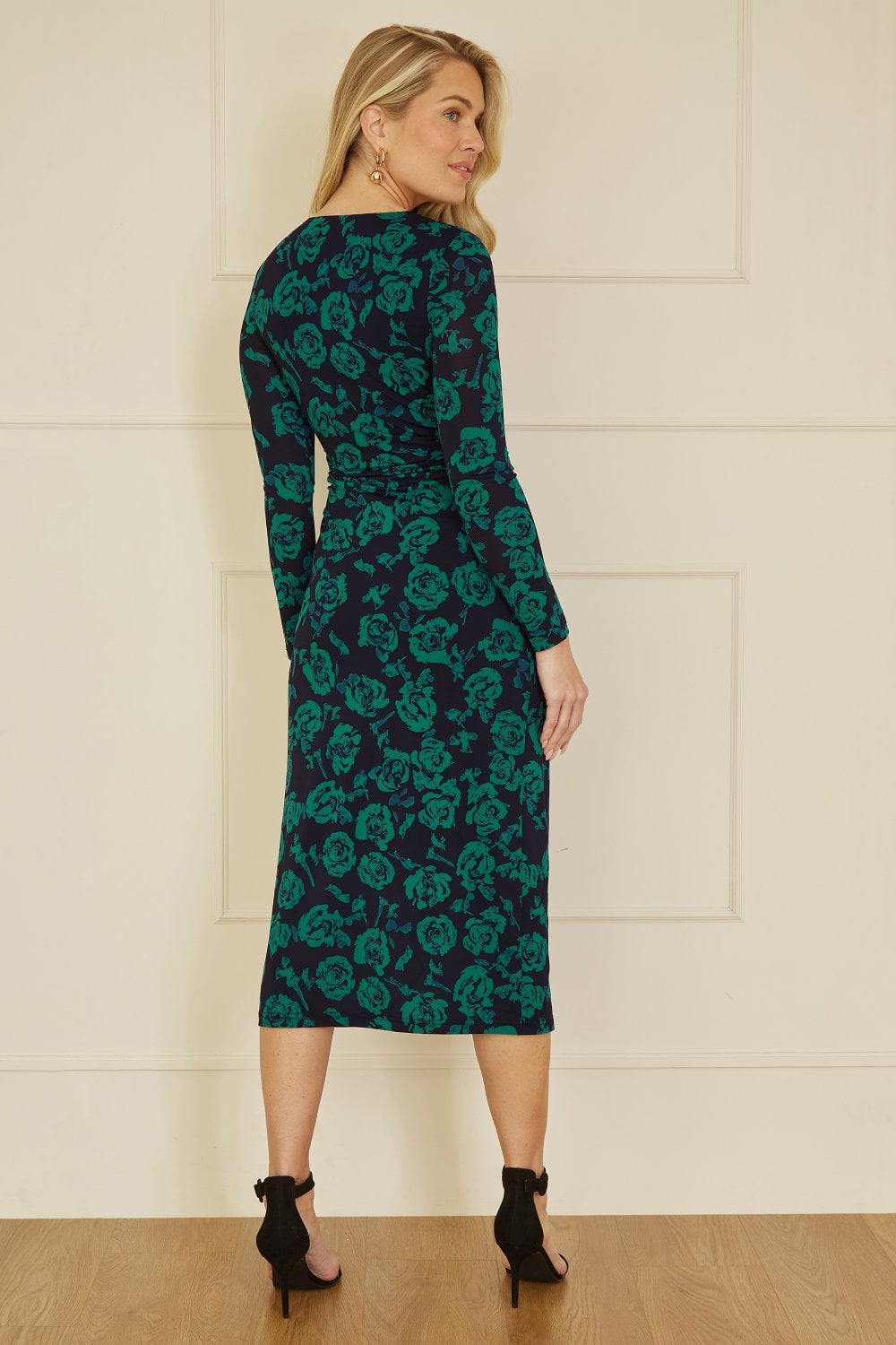 Yumi Green Floral Fitted Mesh Midi Dress With Long Sleeves Yumi