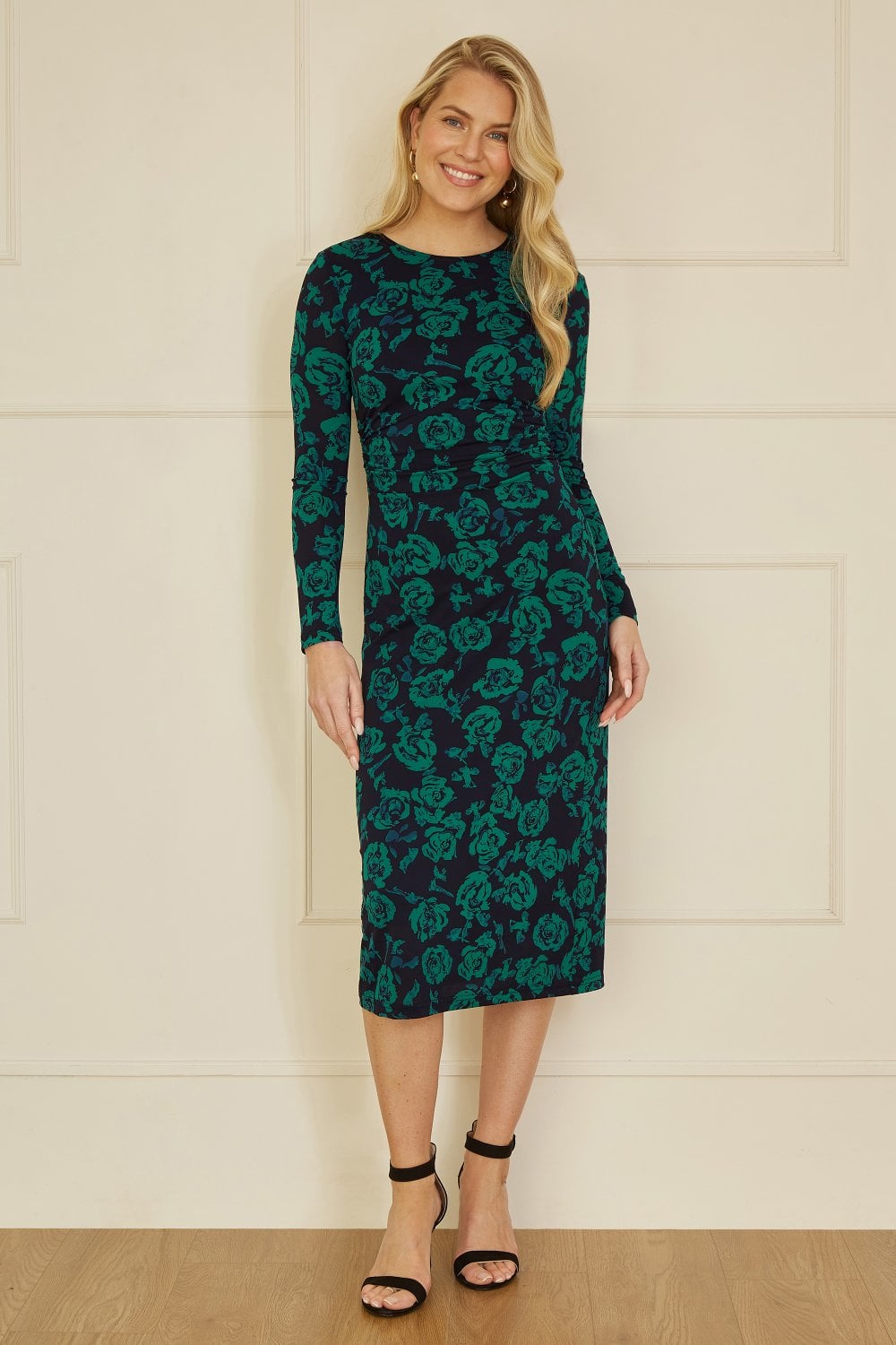 Yumi Green Floral Fitted Mesh Midi Dress With Long Sleeves Yumi