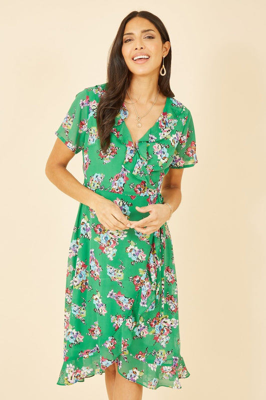 Yumi Green Floral Frill Wrap Midi Dress Yumi