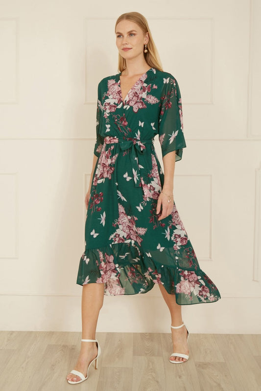 Yumi Green Floral Kimono Dipped Hem Dress Yumi