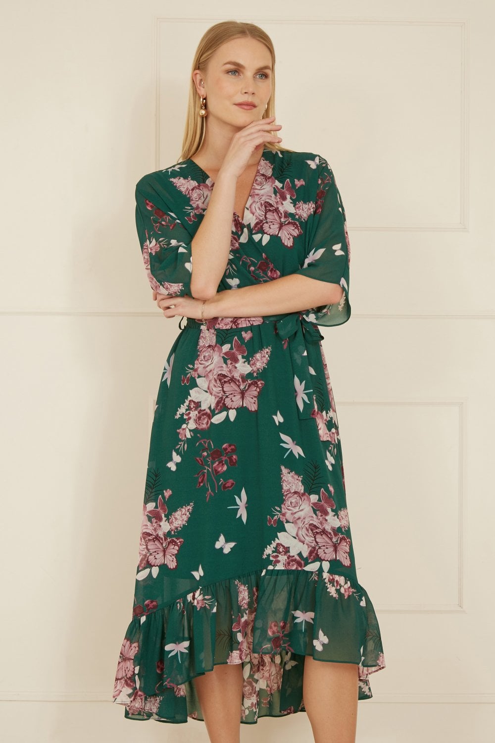 Yumi Green Floral Kimono Dipped Hem Dress Yumi