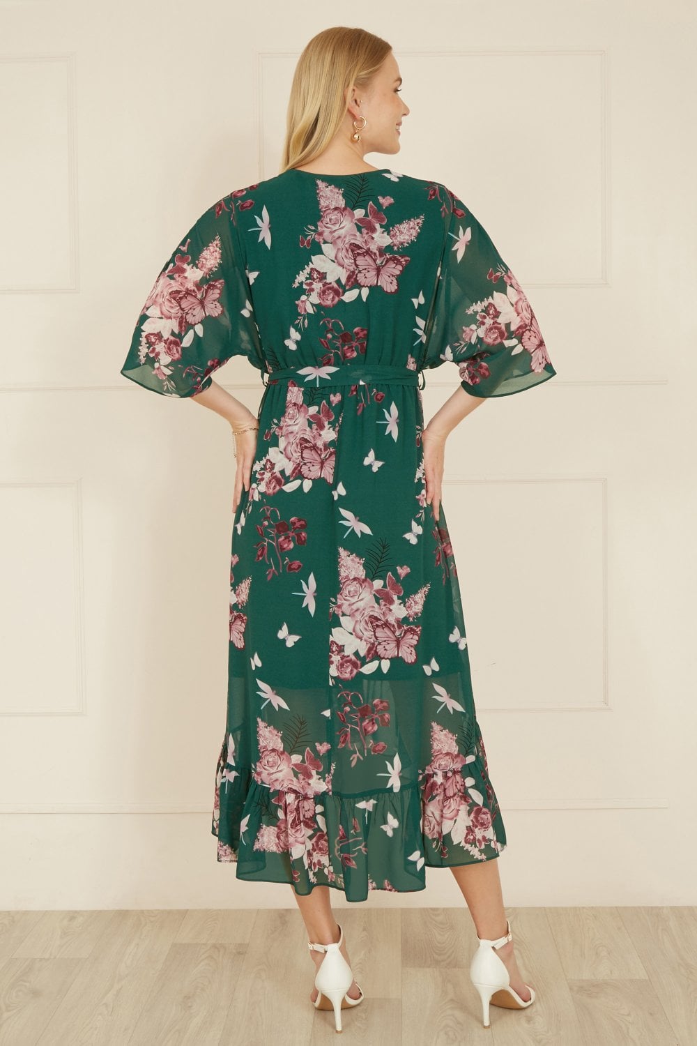 Yumi Green Floral Kimono Dipped Hem Dress Yumi