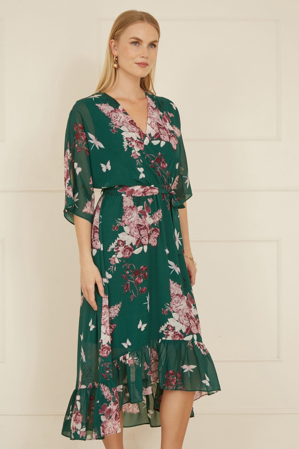 Yumi Green Floral Kimono Dipped Hem Dress Yumi