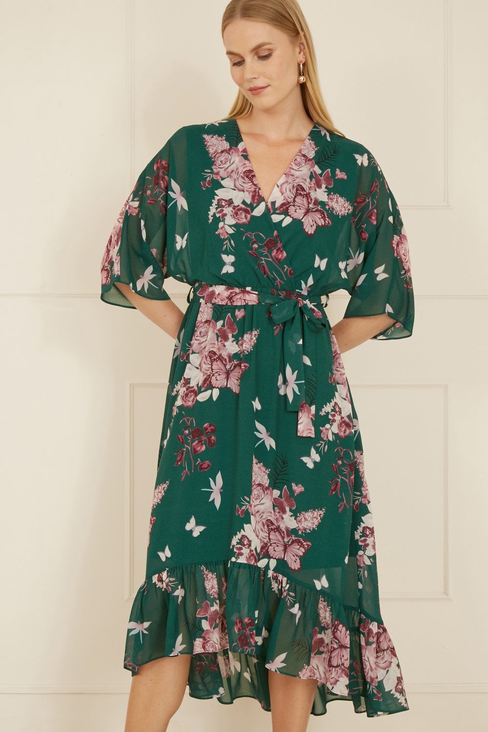 Yumi Green Floral Kimono Dipped Hem Dress Yumi