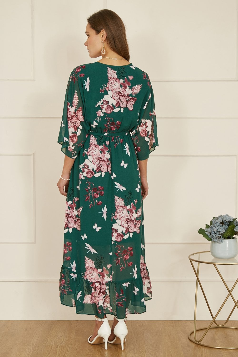 Yumi Green Floral Kimono Dipped Hem Dress Yumi