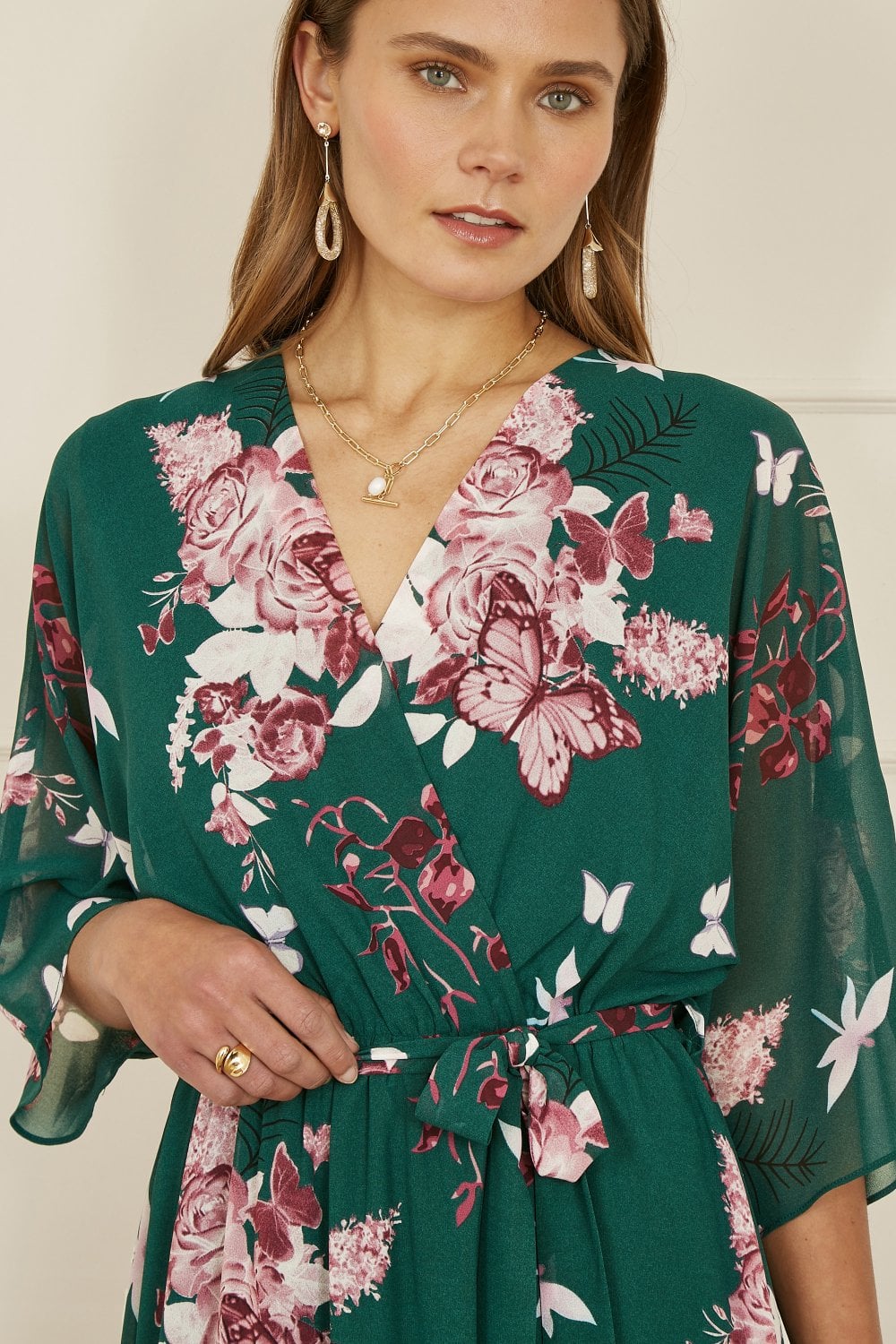 Yumi Green Floral Kimono Dipped Hem Dress Yumi