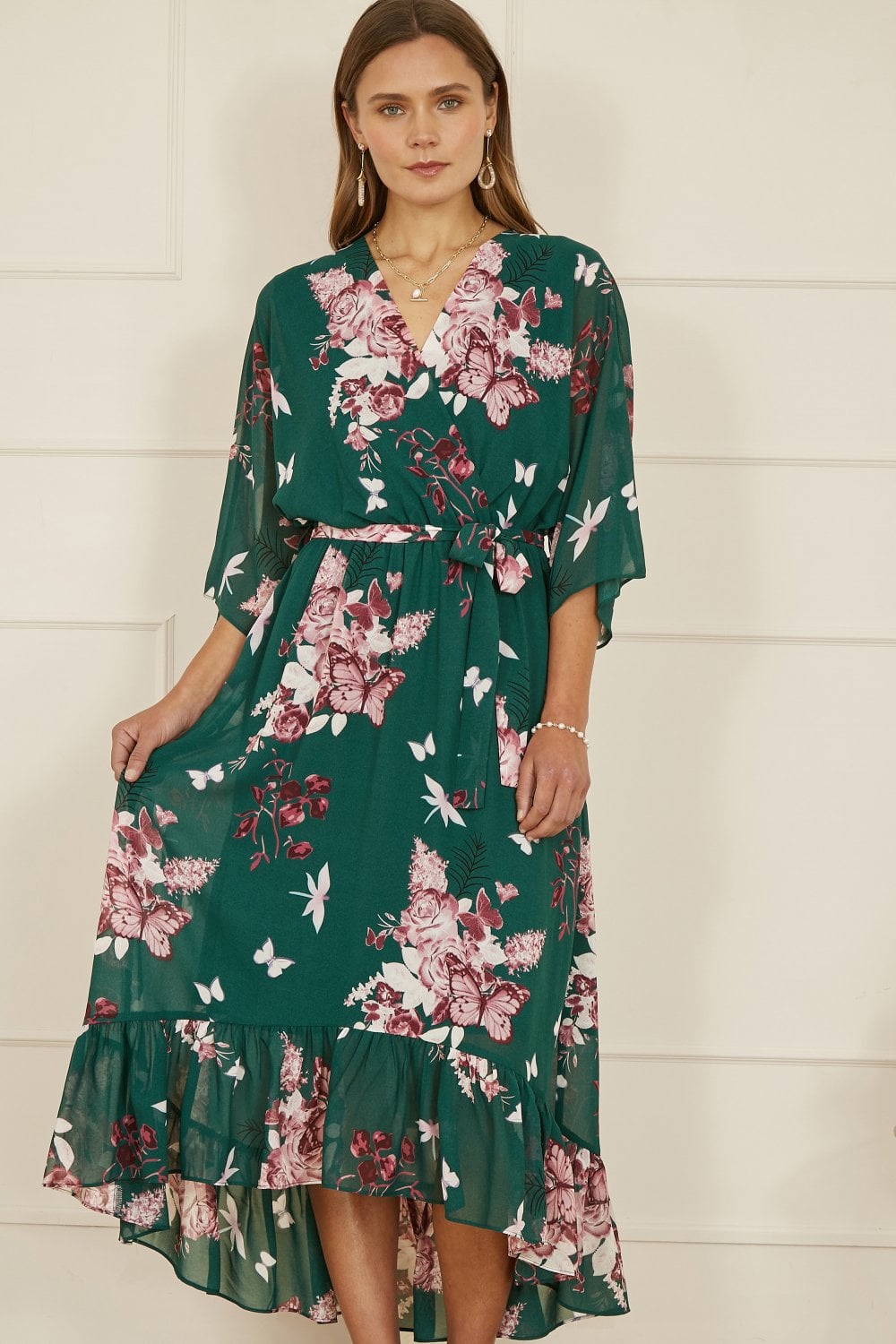 Yumi Green Floral Kimono Dipped Hem Dress Yumi