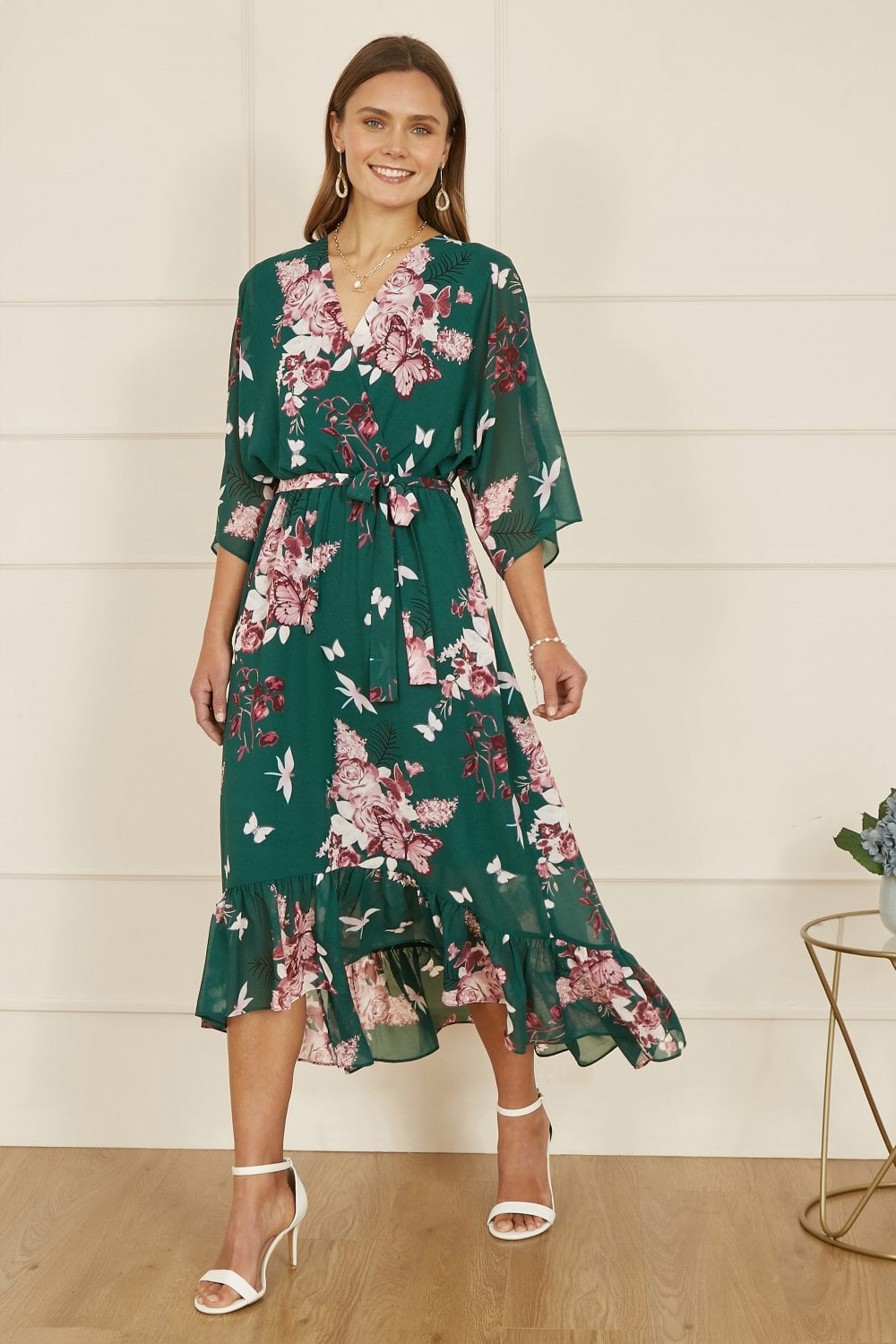 Yumi Green Floral Kimono Dipped Hem Dress Yumi