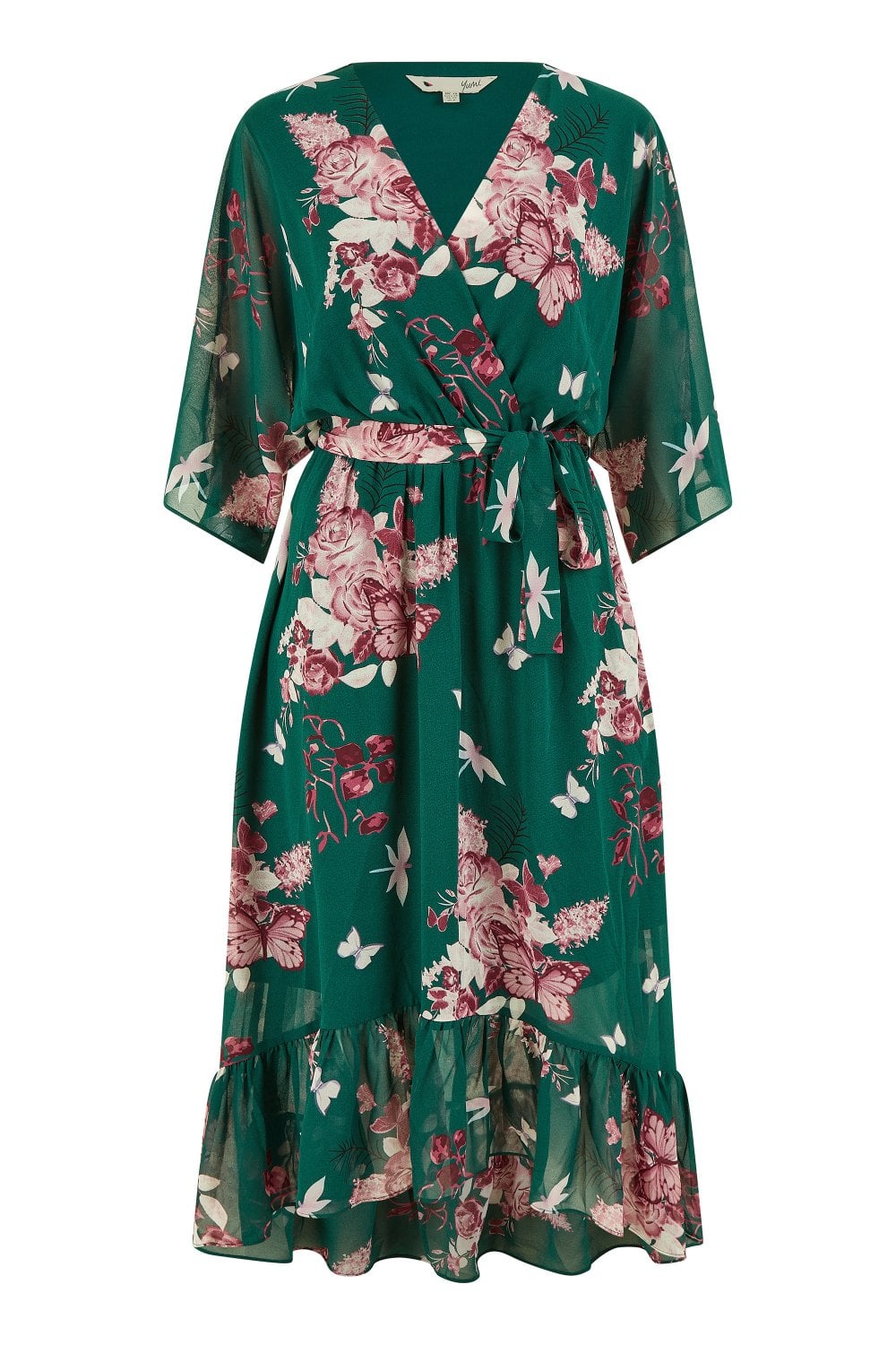 Yumi Green Floral Kimono Dipped Hem Dress Yumi