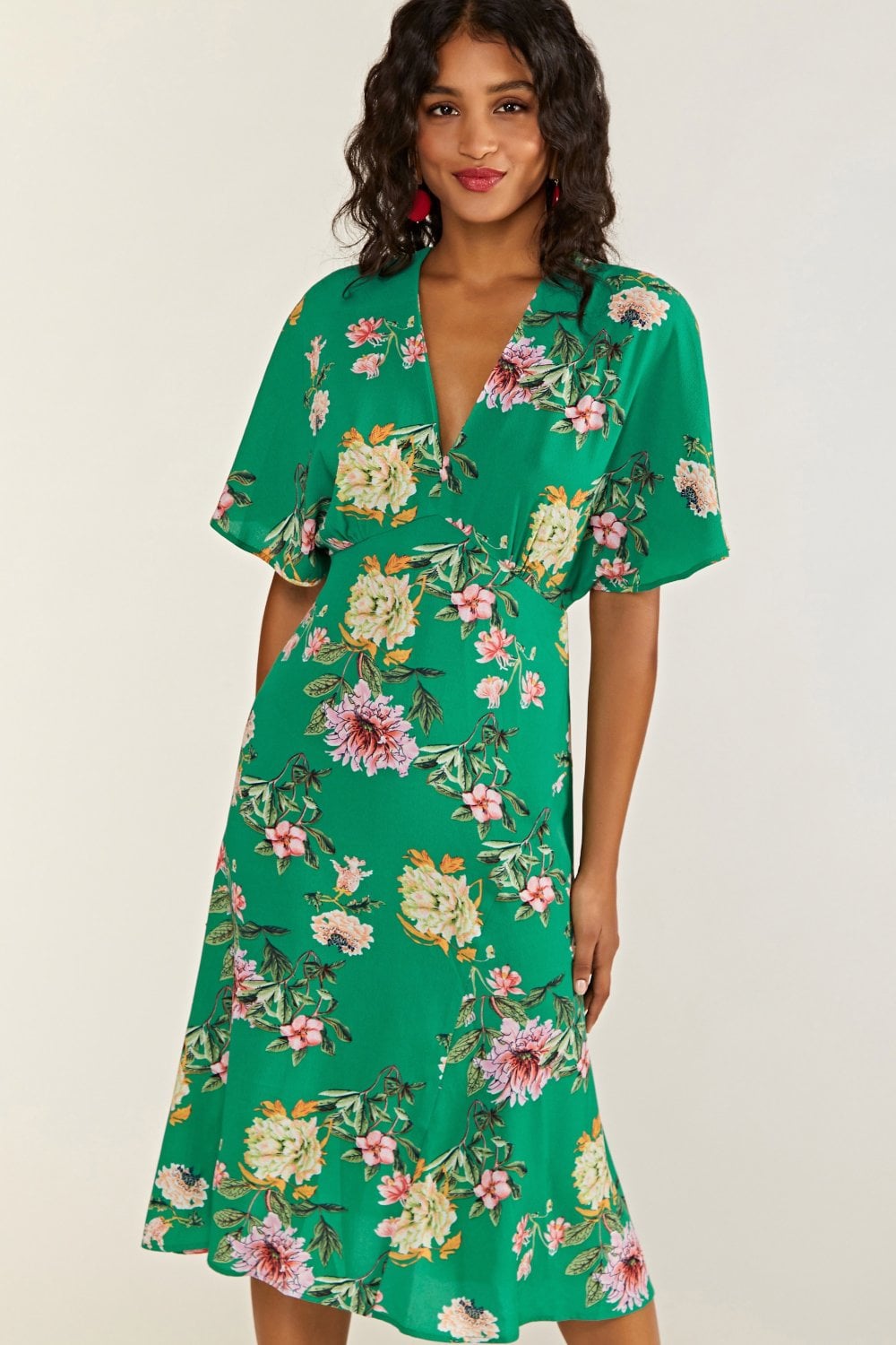 Yumi Green Floral Kimono Midi Dress Yumi