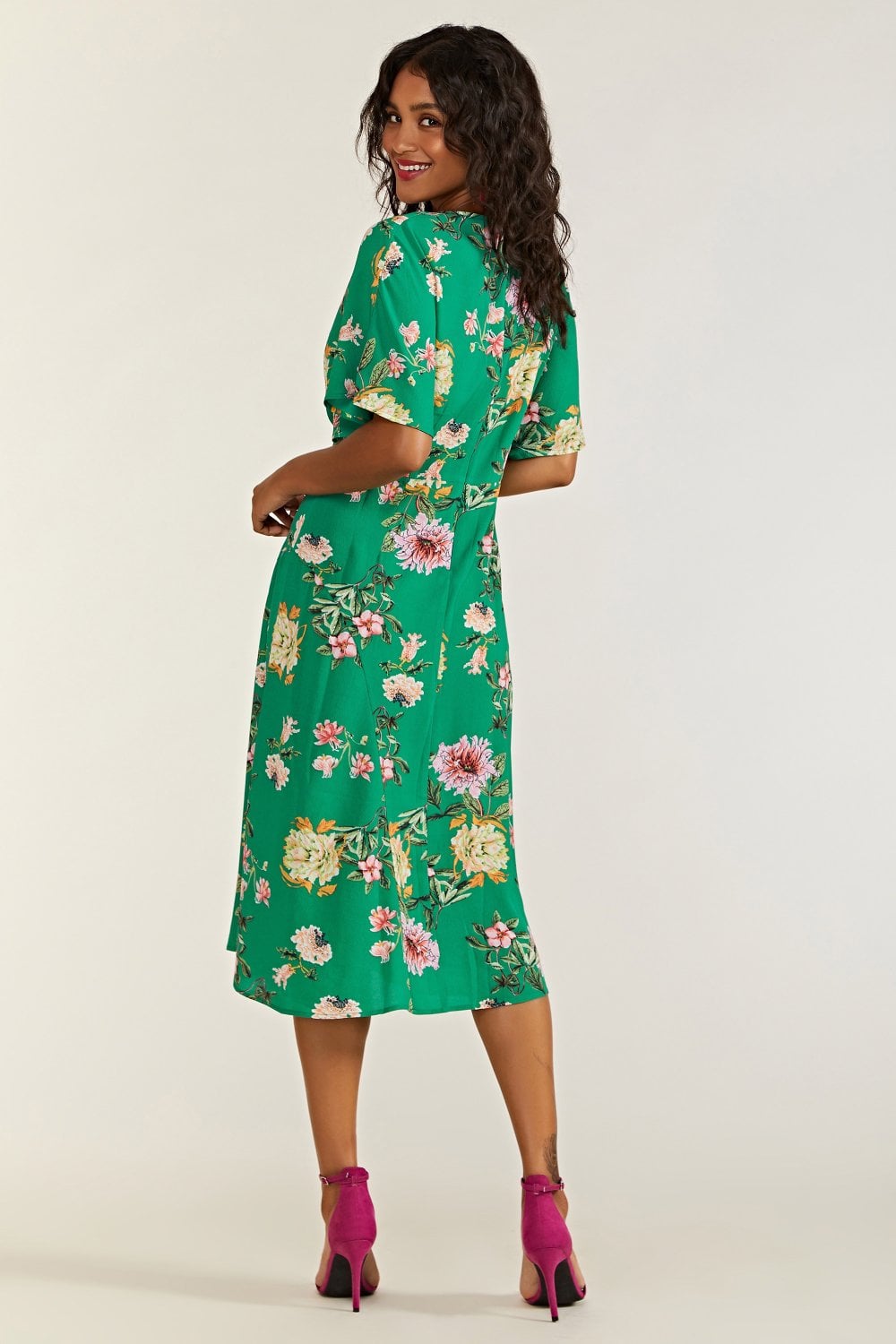 Yumi Green Floral Kimono Midi Dress Yumi