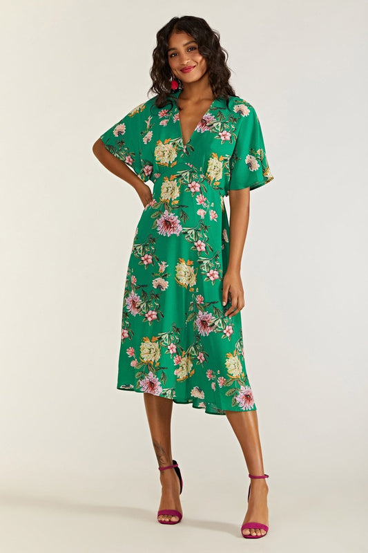 Yumi Green Floral Kimono Midi Dress Yumi