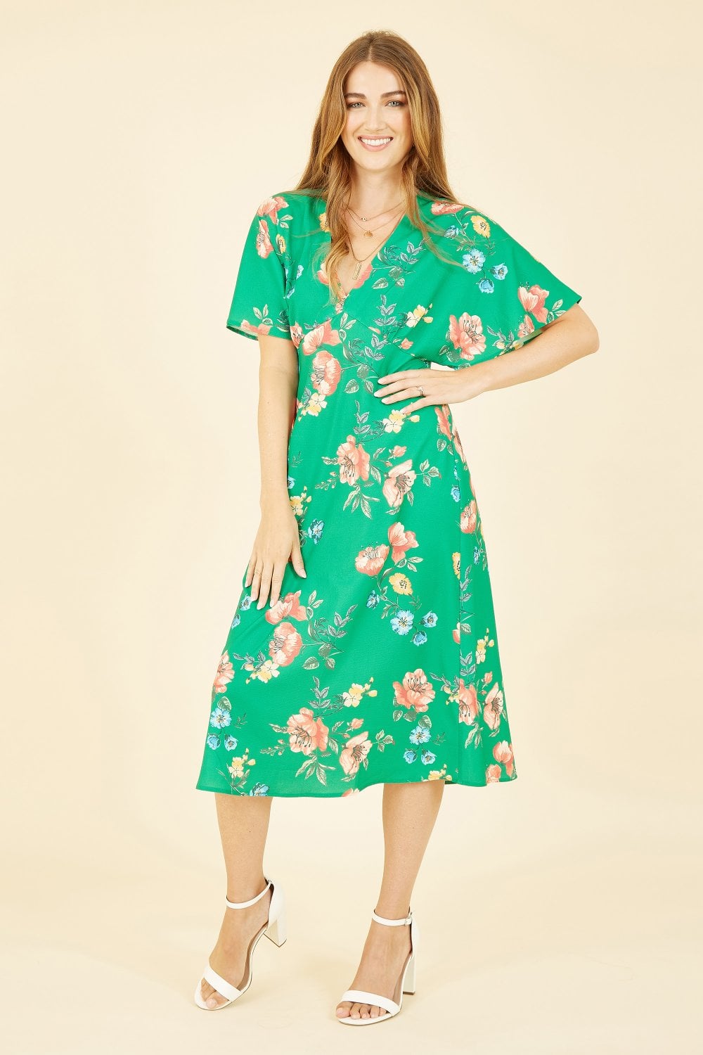 Yumi Green Floral Kimono Midi Dress Yumi