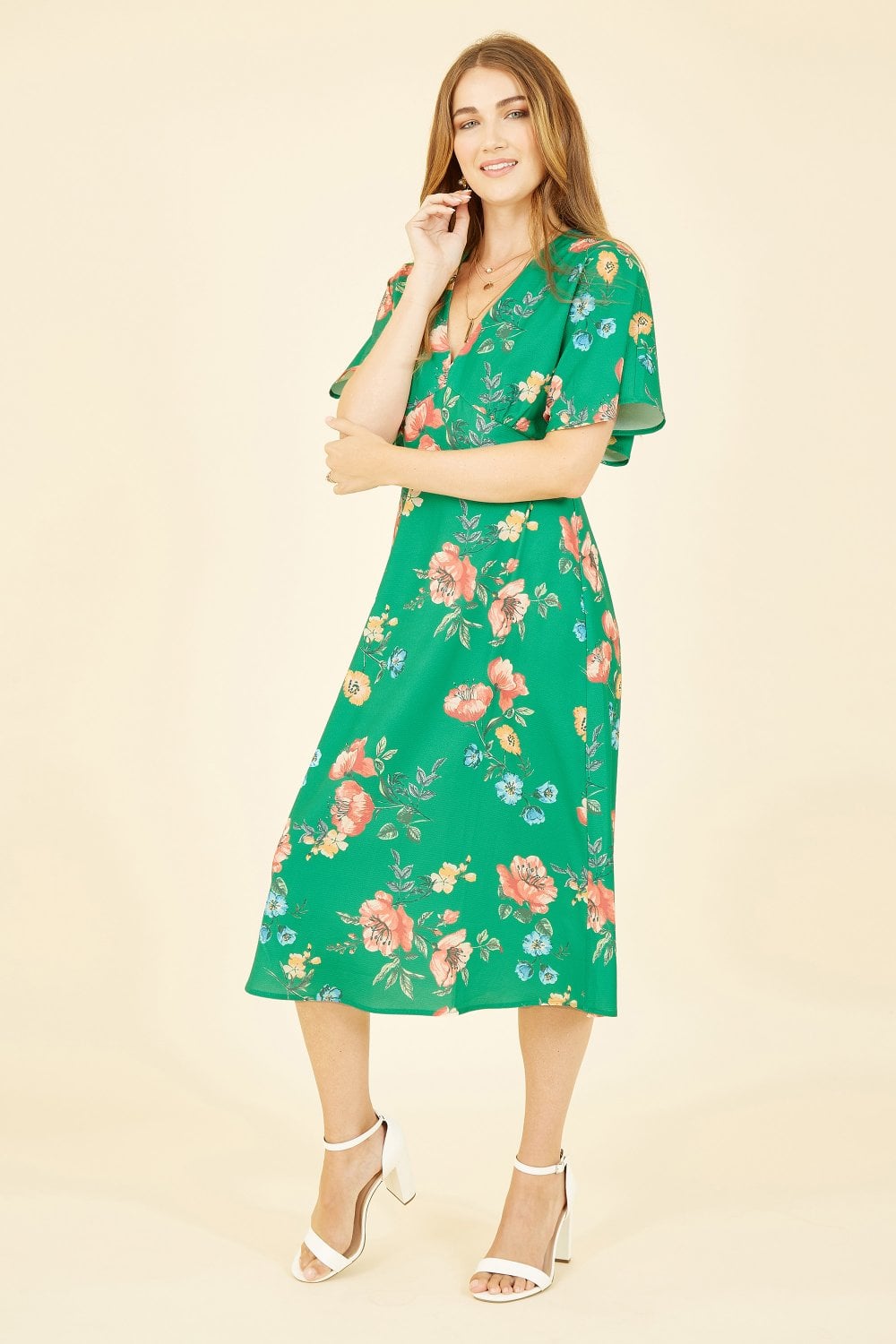 Yumi Green Floral Kimono Midi Dress Yumi