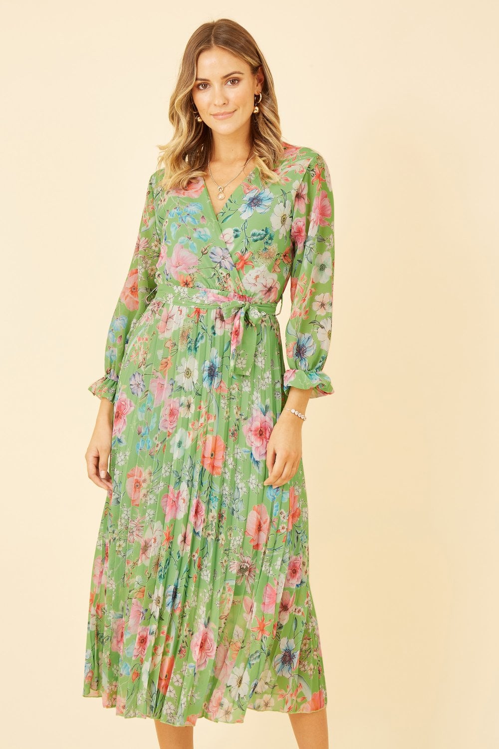 Yumi Green Floral Pleated Wrap Midi Dress Yumi