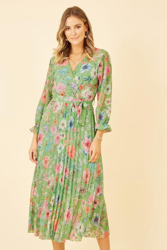 Yumi Green Floral Pleated Wrap Midi Dress Yumi