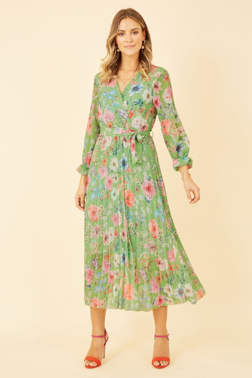 Yumi Green Floral Pleated Wrap Midi Dress Yumi