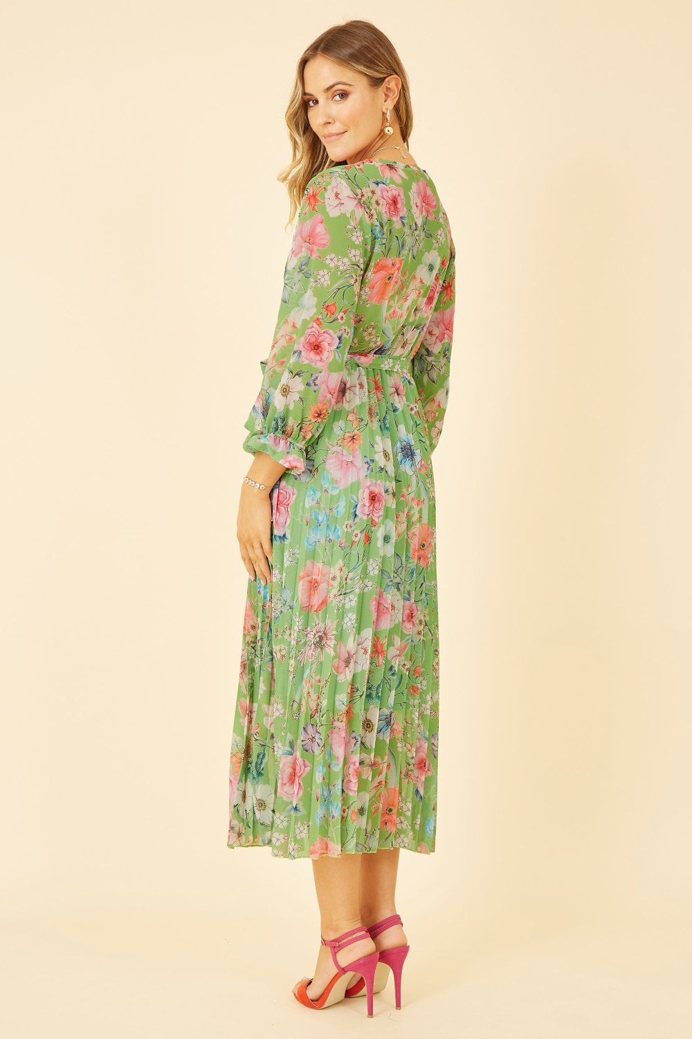 Yumi Green Floral Pleated Wrap Midi Dress Yumi