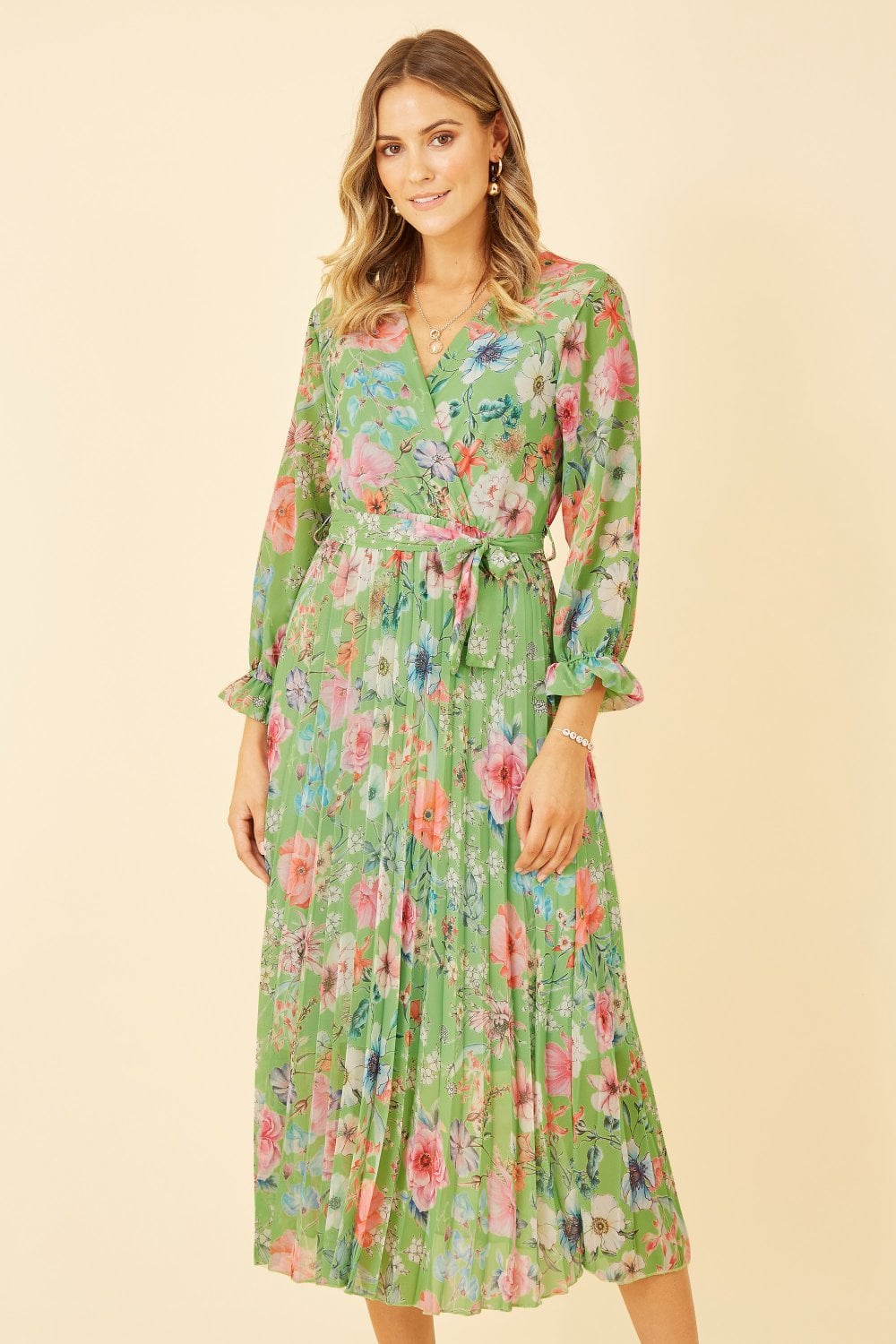 Yumi Green Floral Pleated Wrap Midi Dress Yumi