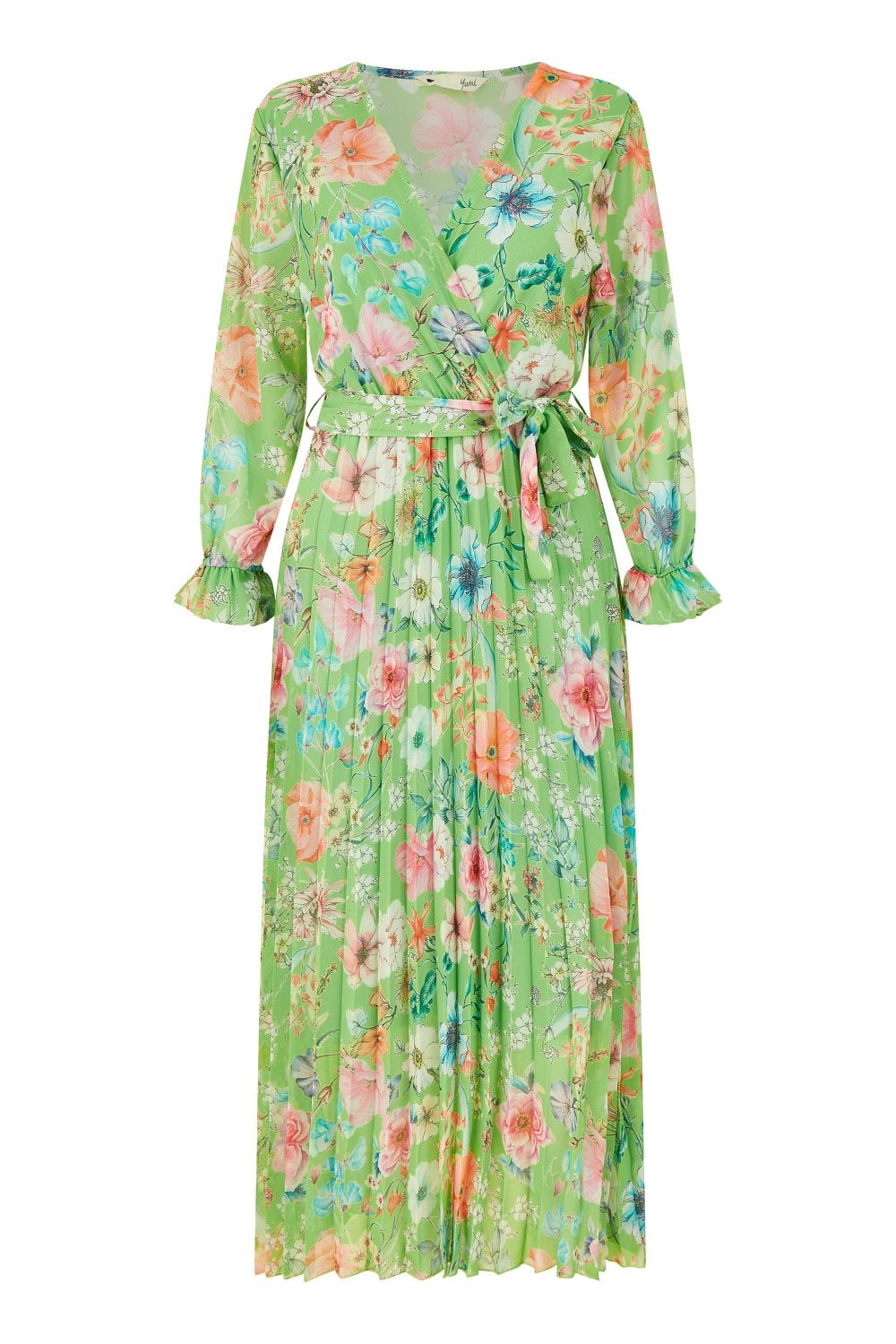 Yumi Green Floral Pleated Wrap Midi Dress Yumi