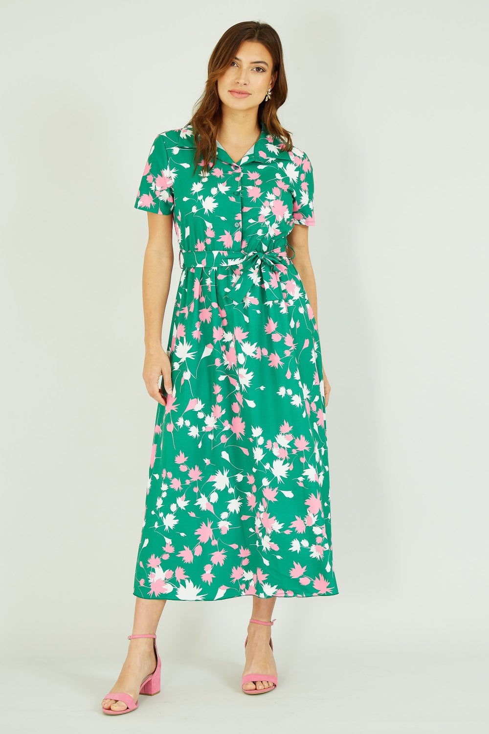 Yumi Green Floral Print Midi Shirt Dress Yumi