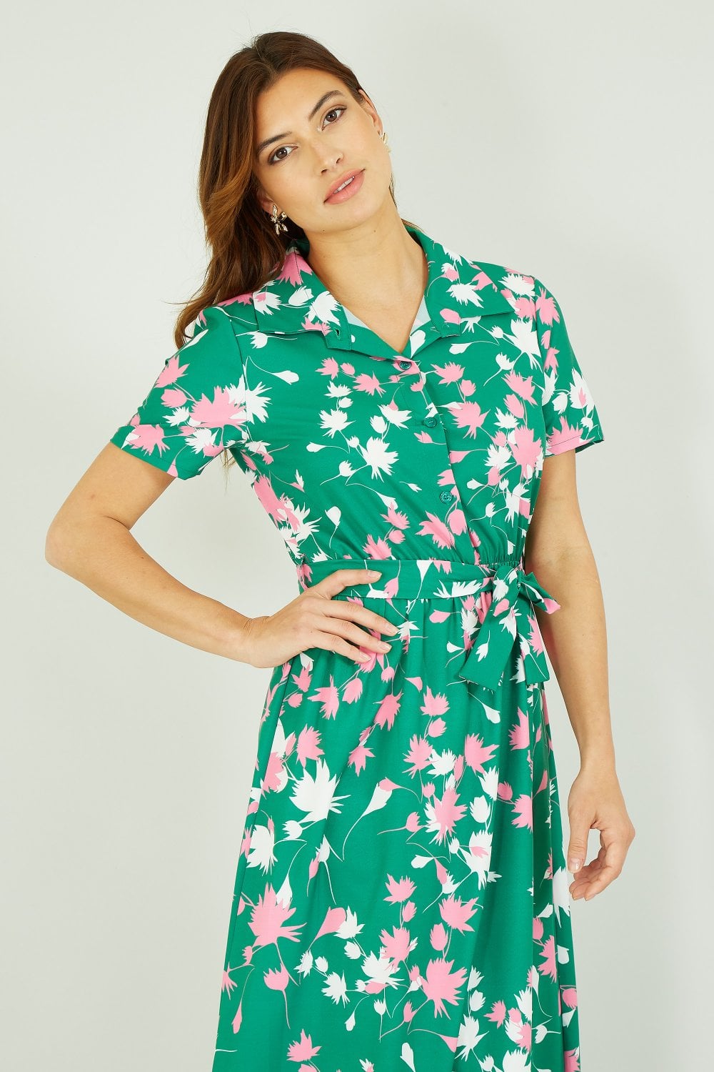 Yumi Green Floral Print Midi Shirt Dress Yumi