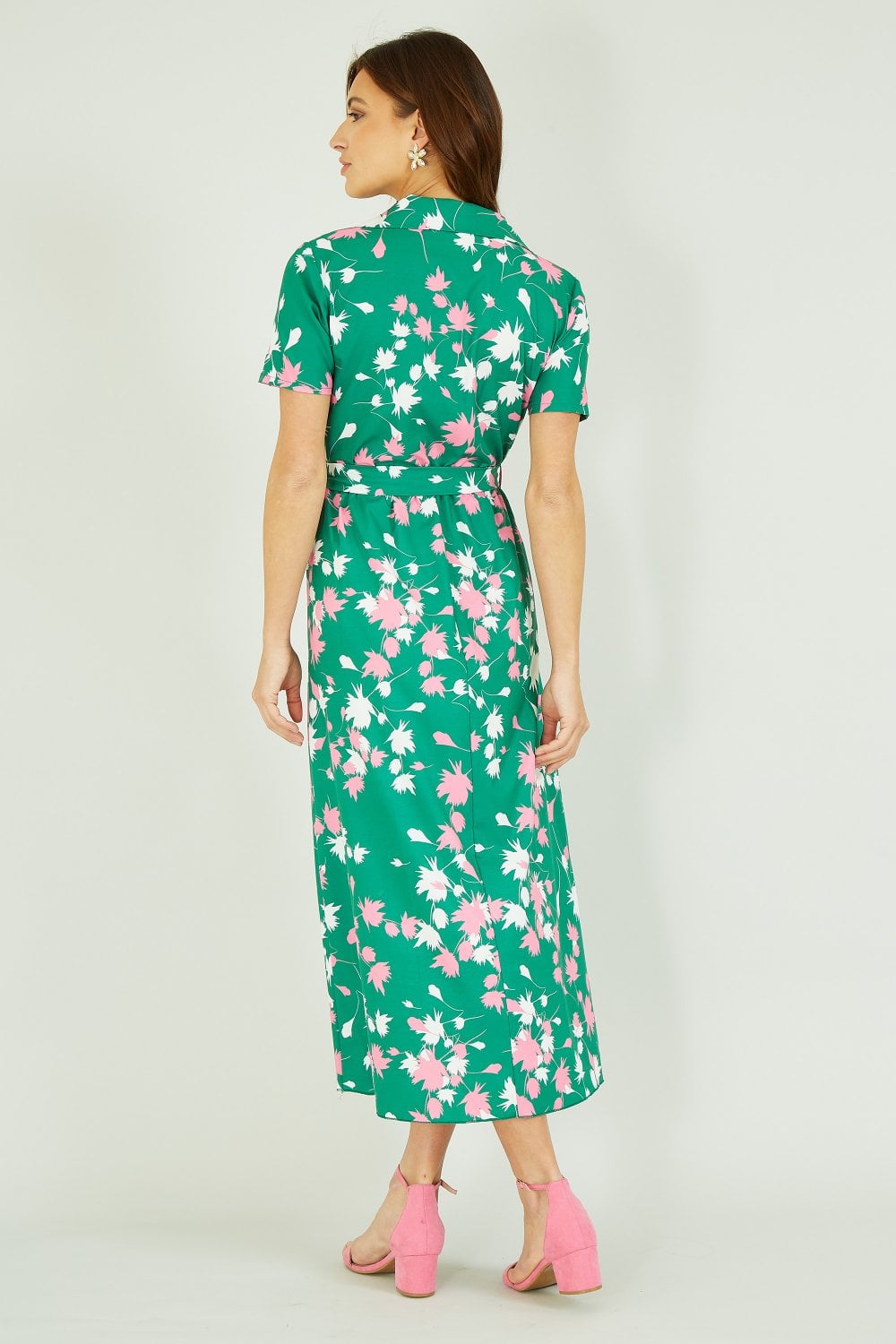 Yumi Green Floral Print Midi Shirt Dress Yumi