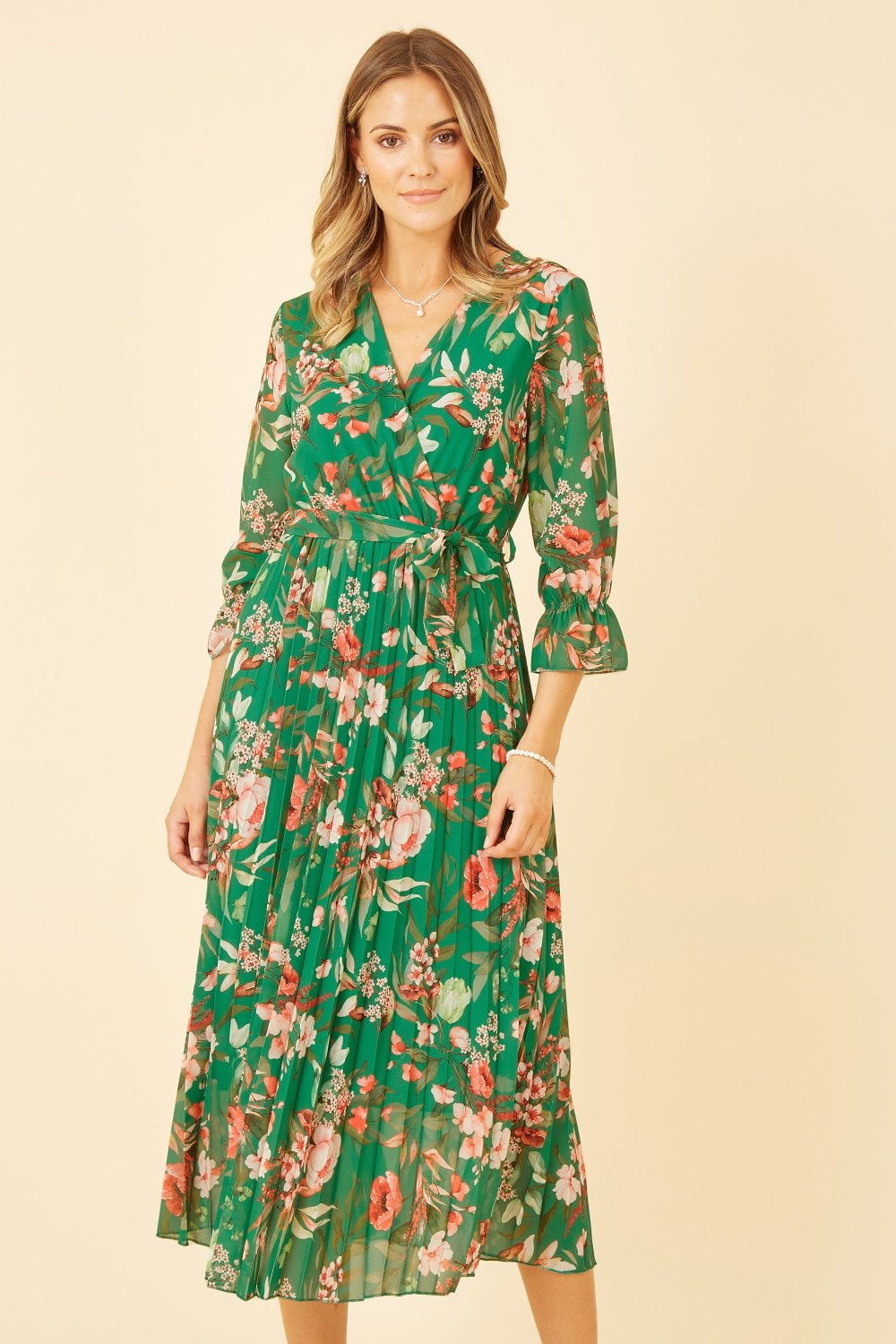 Yumi Green Floral Print Midi Wrap Dress With Pleated Skirt Yumi