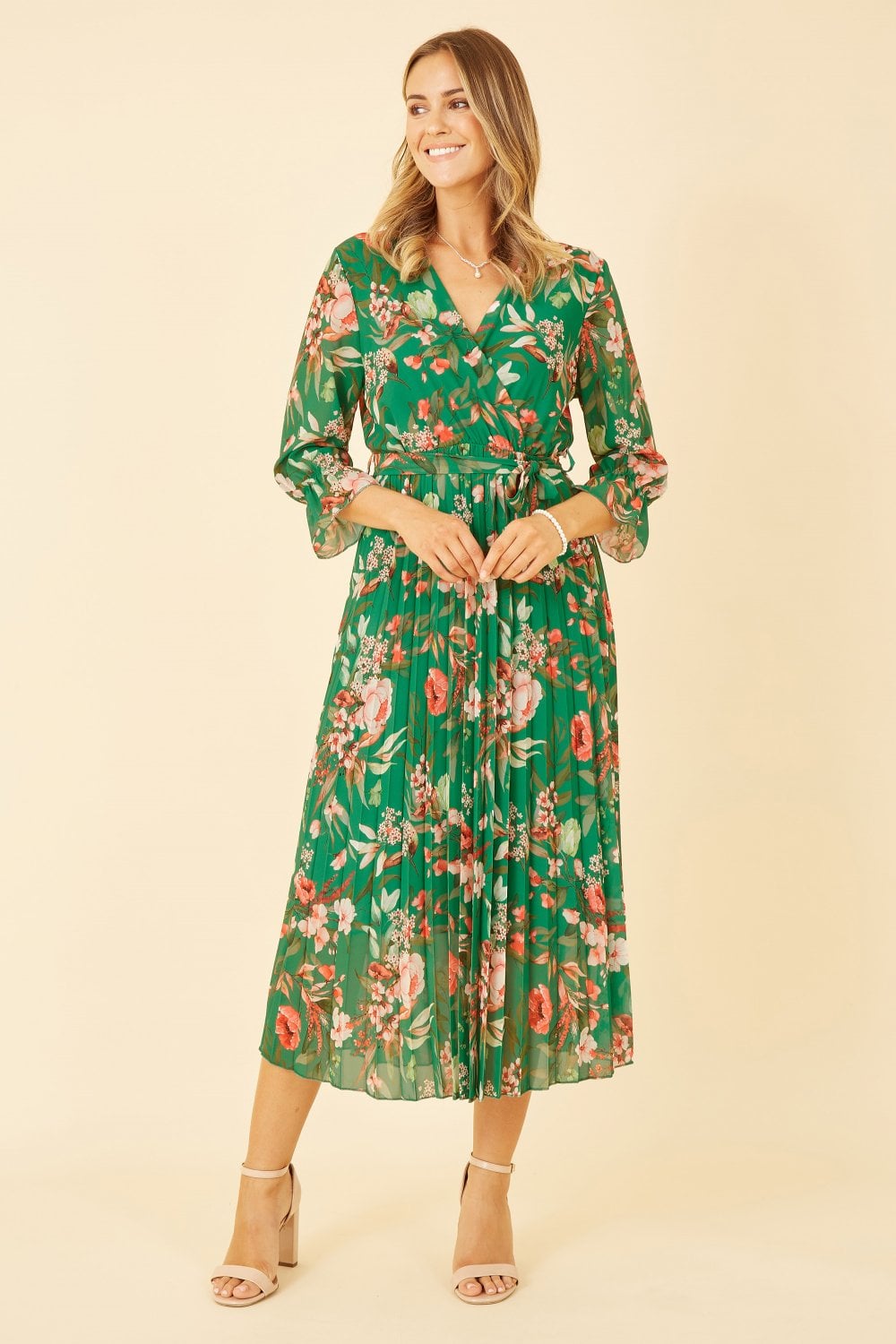 Yumi Green Floral Print Midi Wrap Dress With Pleated Skirt Yumi