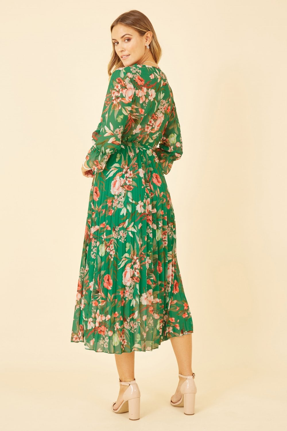 Yumi Green Floral Print Midi Wrap Dress With Pleated Skirt Yumi