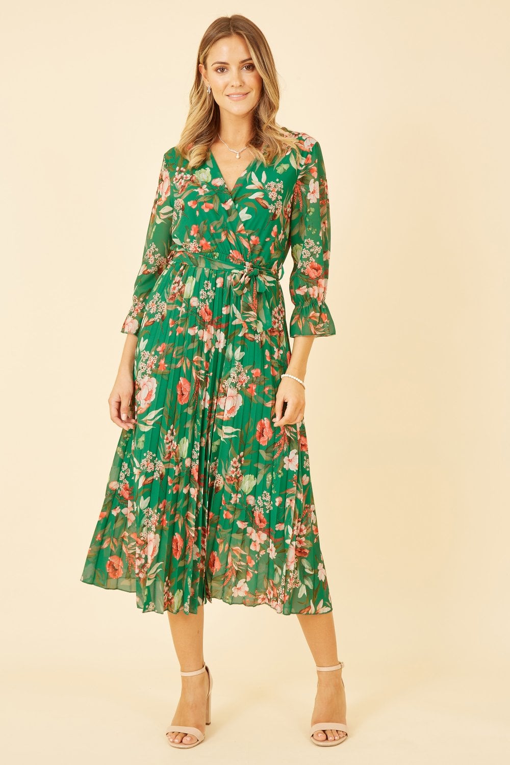 Yumi Green Floral Print Midi Wrap Dress With Pleated Skirt Yumi