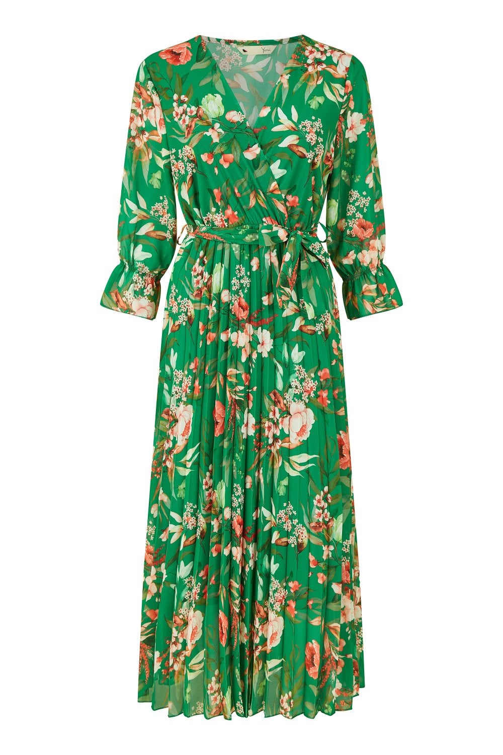 Yumi Green Floral Print Midi Wrap Dress With Pleated Skirt Yumi