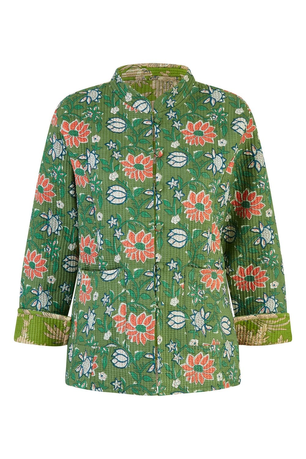 Yumi Green Floral Print Reversible Cotton Quilted Jacket Yumi