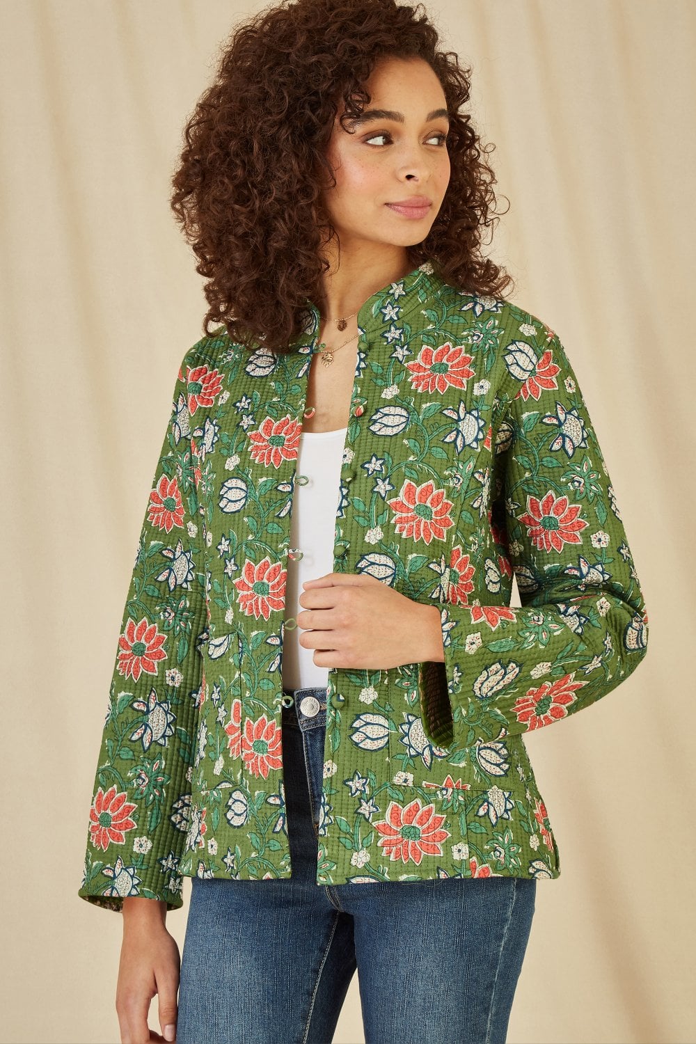 Yumi Green Floral Print Reversible Cotton Quilted Jacket Yumi