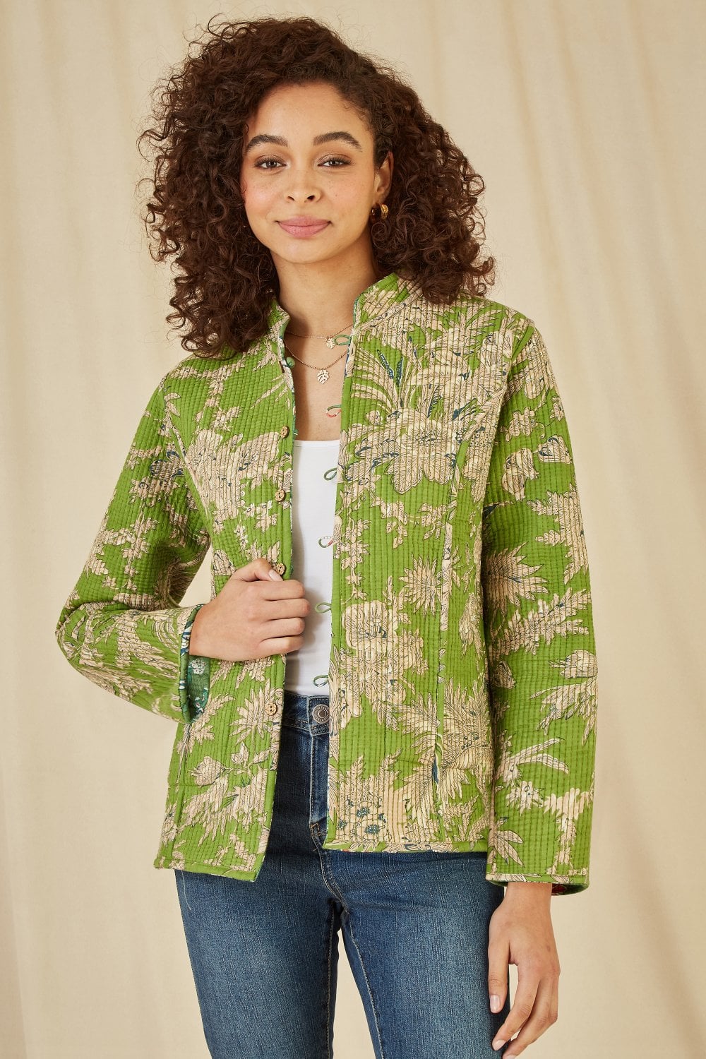 Yumi Green Floral Print Reversible Cotton Quilted Jacket Yumi