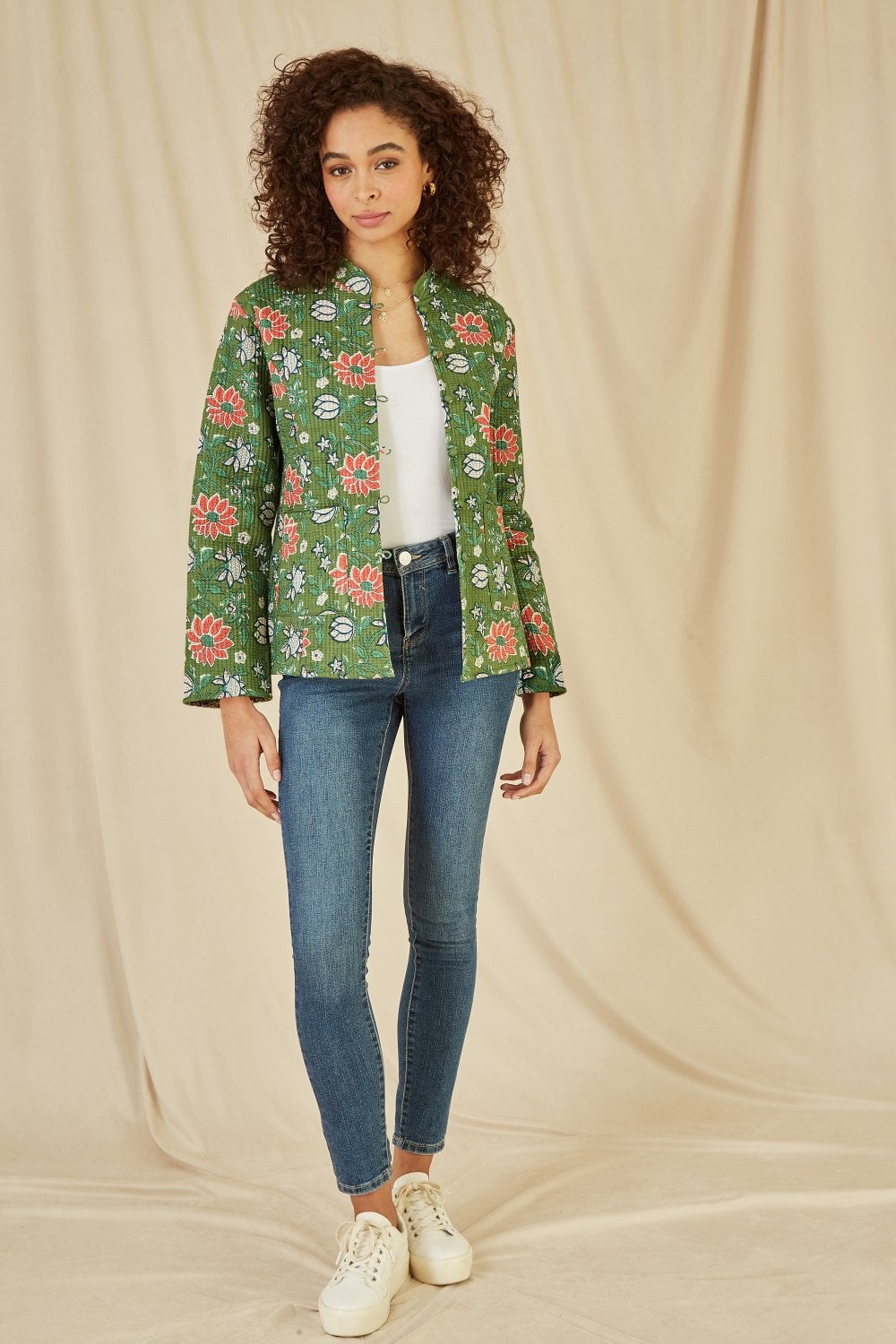 Yumi Green Floral Print Reversible Cotton Quilted Jacket Yumi