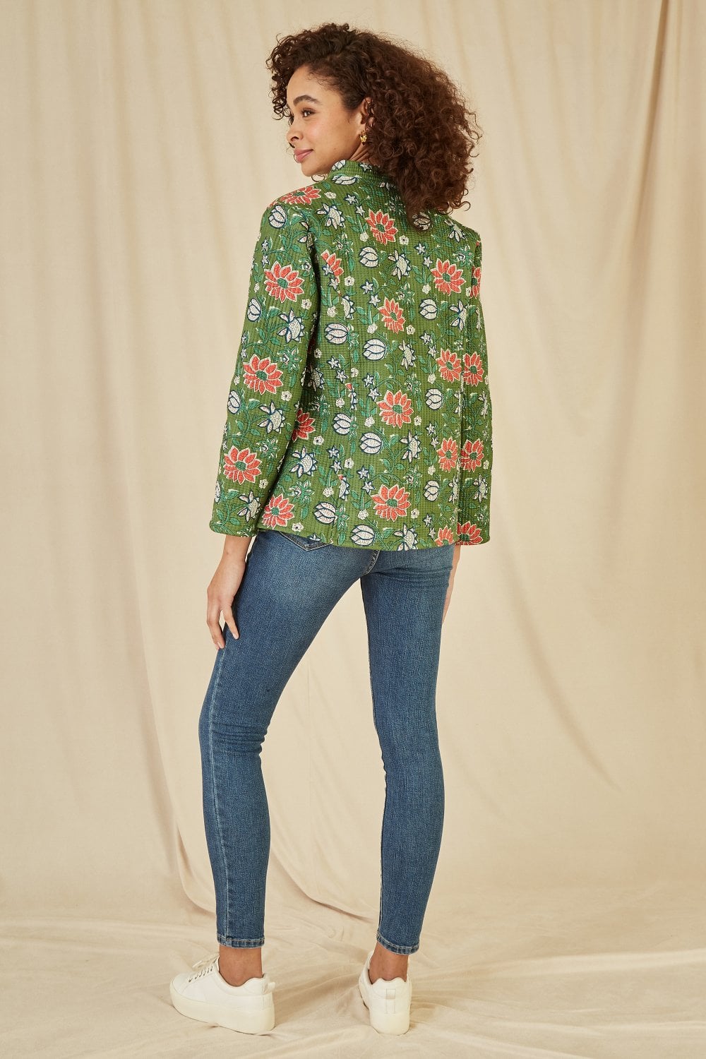 Yumi Green Floral Print Reversible Cotton Quilted Jacket Yumi